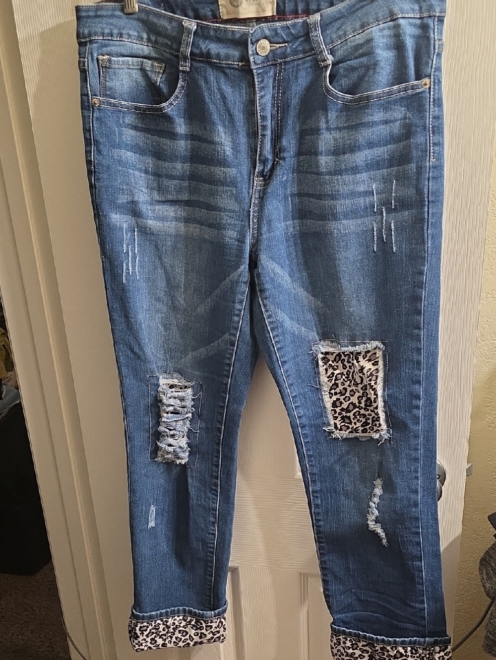L&B Blue Distressed Boyfriend Jeans with Leopard Patch Size 14